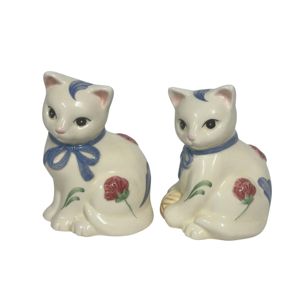 Lenox Red Poppies on Blue Kitten Salt & Pepper Shaker Set- Excellent